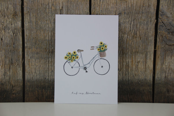 Eulenschnitt - Postkarte - Auf ins Abenteuer - Blumenfahrrad